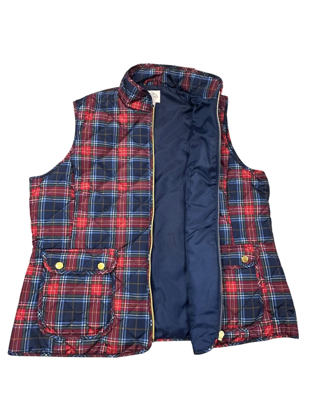 St. John’s Bay Women’s XL Plaid Quilted Puffer Vest in Red &‎ Navy Gold Tone Zip